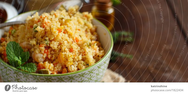 Couscous with shrimps and vegetables Seafood Vegetable Grain Lunch Dinner Bowl Brown Yellow Tradition Africa african Algerian Arabia Cooking couscous cuscus