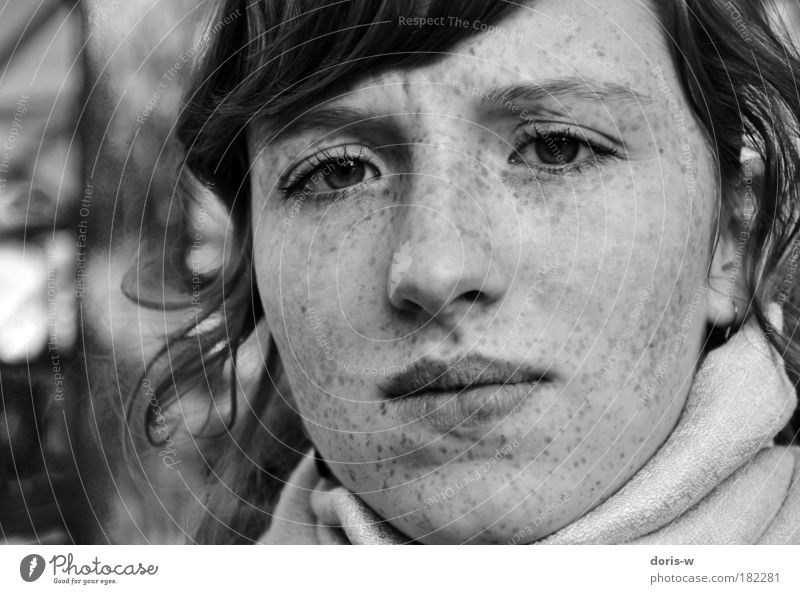 confused Black & white photo Feminine Young woman Youth (Young adults) Woman Adults Face Interest Freckles Looking Beautiful wrinkle Forehead Lips Bangs