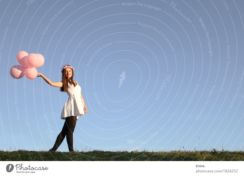 . Feminine 1 Human being Stage play Dance Beautiful weather Meadow Hill Dress Tights Jewellery Flower wreath Brunette Long-haired Balloon Observe To hold on