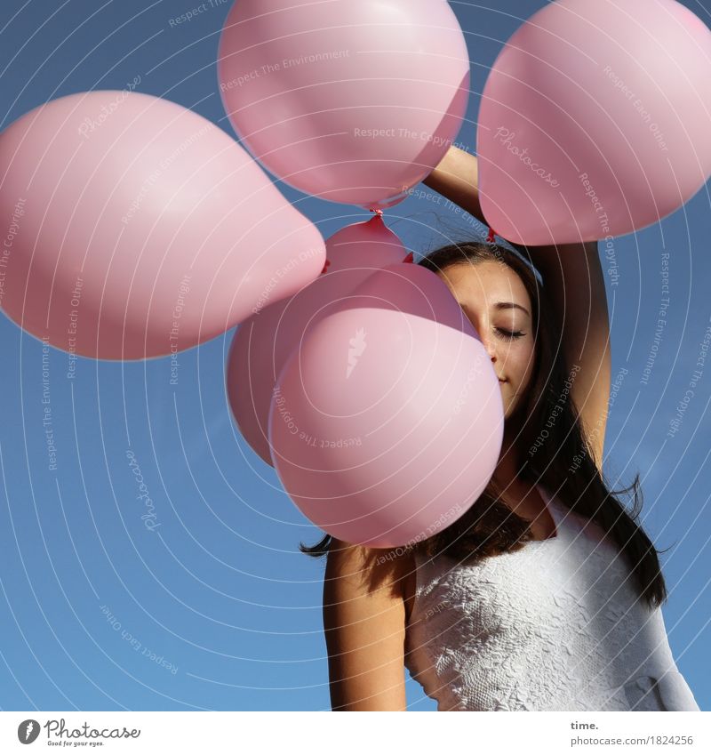 Enjoy. Feminine Woman Adults 1 Human being Cloudless sky Beautiful weather Dress Brunette Long-haired Balloon Relaxation To hold on To enjoy Stand Dream