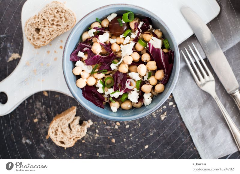 chickpea salad Food Cheese Dairy Products Vegetable Bread Roll Nutrition Lunch Organic produce Vegetarian diet Diet Bowl Cutlery Knives Fork Healthy Eating
