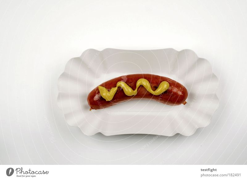 a red one with mustard Food Meat Sausage Nutrition Lunch Fast food Plate Fragrance Good Hot Small sausage Bratwurst Appetite Brunch Colour photo Detail