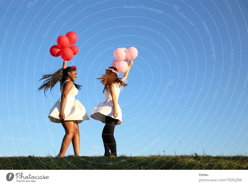 . Feminine 2 Human being Sky Horizon Meadow Dress Hair circlet Black-haired Brunette Long-haired Balloon Relaxation Laughter Dance Happiness Funny Beautiful Joy
