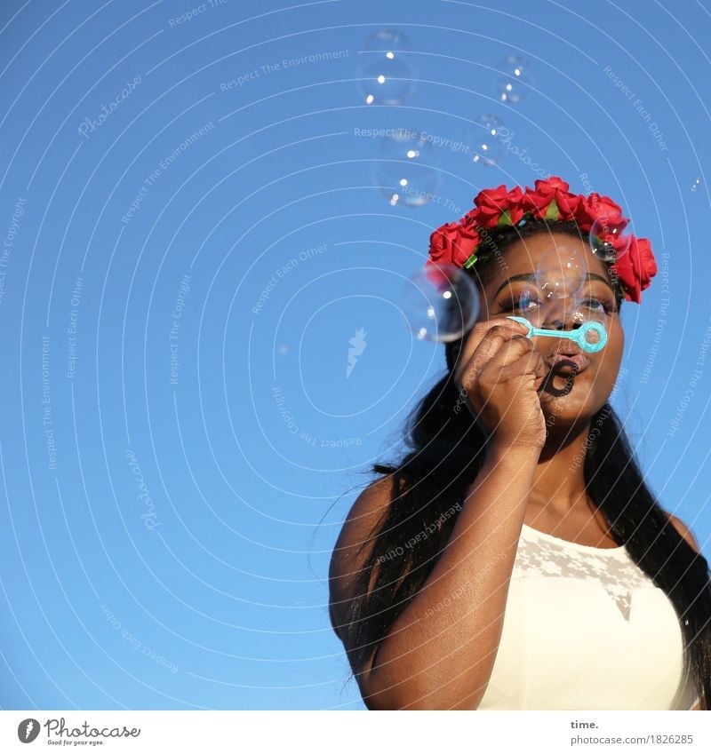 . Feminine Woman Adults 1 Human being Dress Jewellery Hair circlet Black-haired Long-haired Soap bubble Observe To hold on Looking Curiosity Beautiful