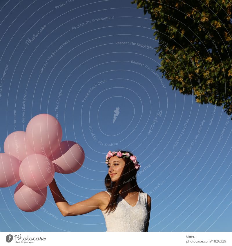 . Feminine Woman Adults 1 Human being Sky Beautiful weather Tree Dress Hair circlet Brunette Long-haired Balloon Observe Movement Rotate Looking Wait Happy