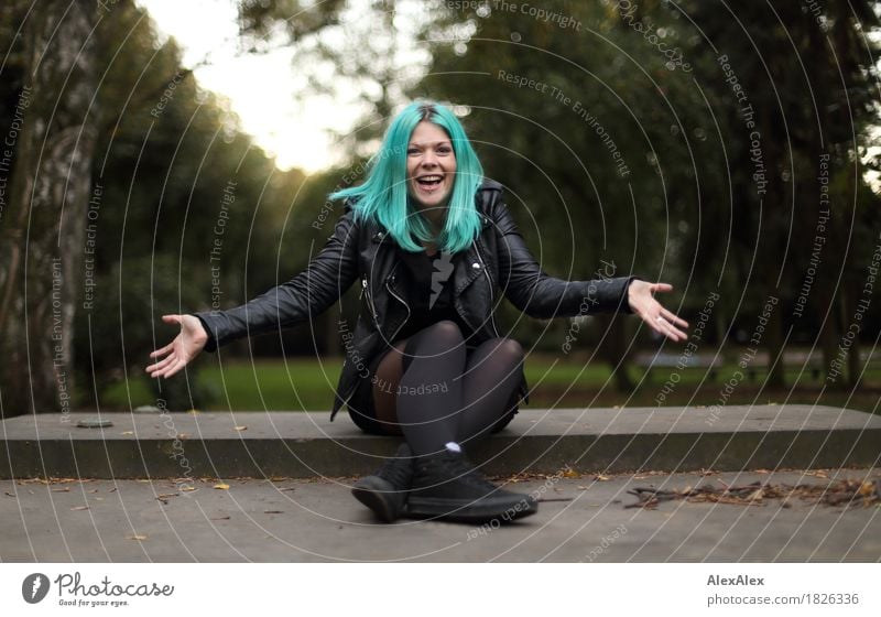 Portrait of a young, laughing woman with turquoise hair, stretching out her arms Style Joy already Young woman Youth (Young adults) 18 - 30 years Adults