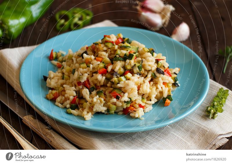 Risotto with vegetables Food Vegetable Grain Nutrition Lunch Dinner Vegetarian diet Diet Plate Bottle Fork Wood Delicious cook Cooking Culinary dieting Dish