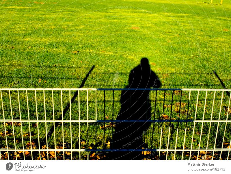 shadow Human being Man Photographer Self portrait Distorted Sun Fence Lawn Grass surface Meadow Football pitch Looking Audience circular league
