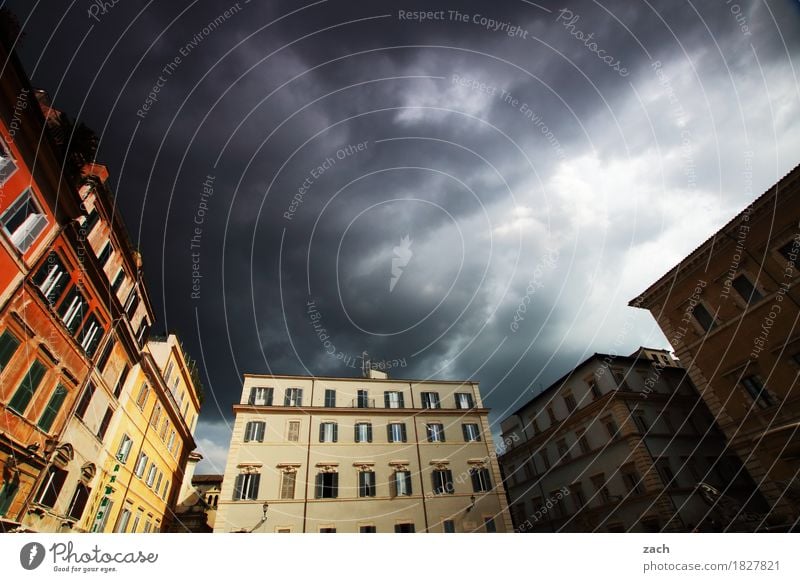 brewed together Sky Clouds Storm clouds Sunlight Rain Bad weather Rome Italy Town Capital city Old town House (Residential Structure) Church Dome Castle Places