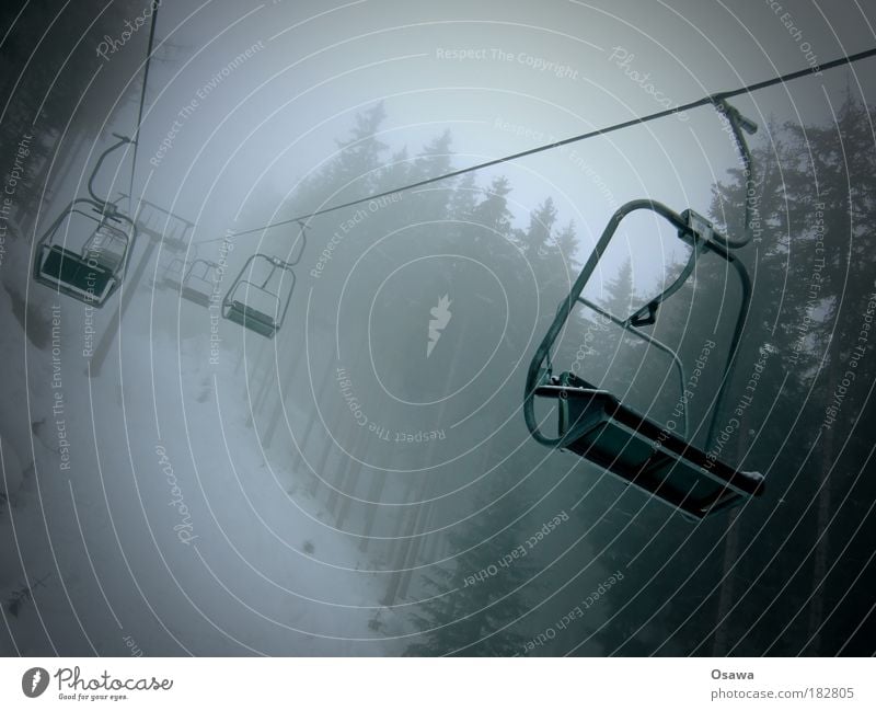 Chairlift in the fog Chair lift Cable car Passenger traffic Transport Rope Armchair Forest Fog Rain Snow Clouds Haze Gray Monochrome Gloomy tree Mountain Alps