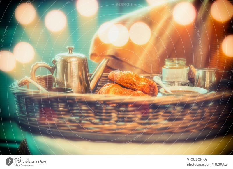 Breakfast with coffee and croissants Food Croissant Nutrition Beverage Hot drink Hot Chocolate Coffee Crockery Cup Lifestyle Style Design Living or residing