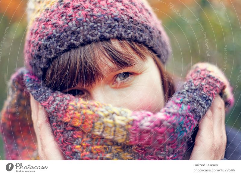 AKDR# Autumn weather III Art Esthetic Eyes Looking Timidity Cap Scarf Face Facial expression Detail of face Facial colour Woman Young woman Hand Cold Winter