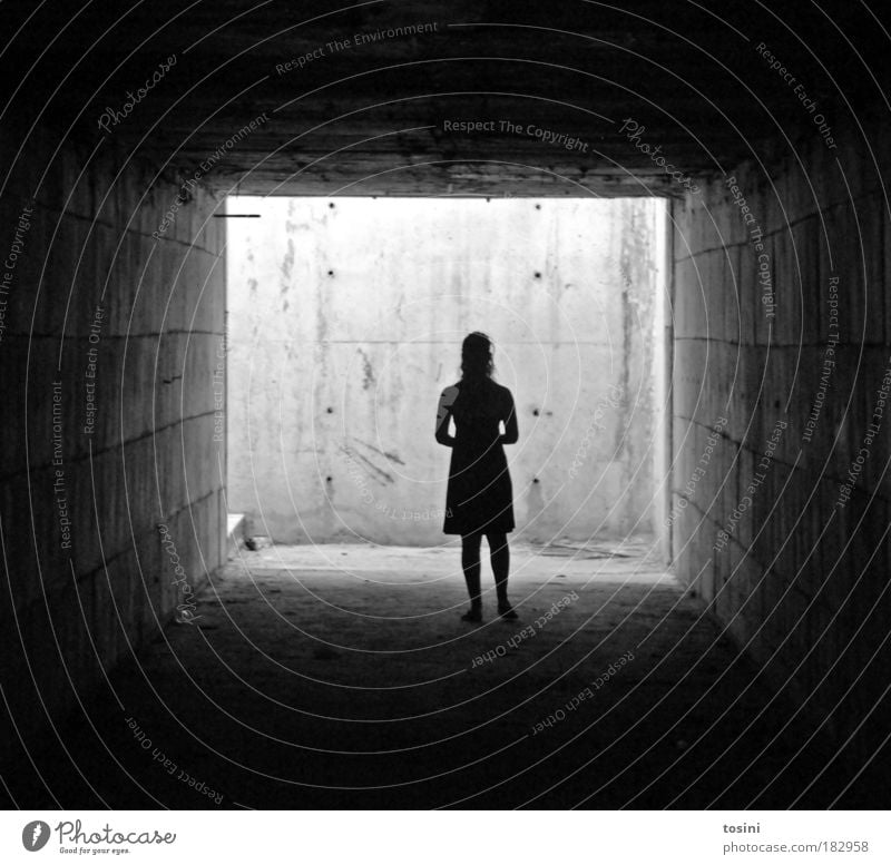 tunnel vision Black & white photo Contrast Silhouette Central perspective Full-length Human being Young woman Youth (Young adults) Woman Adults Dirty Dark