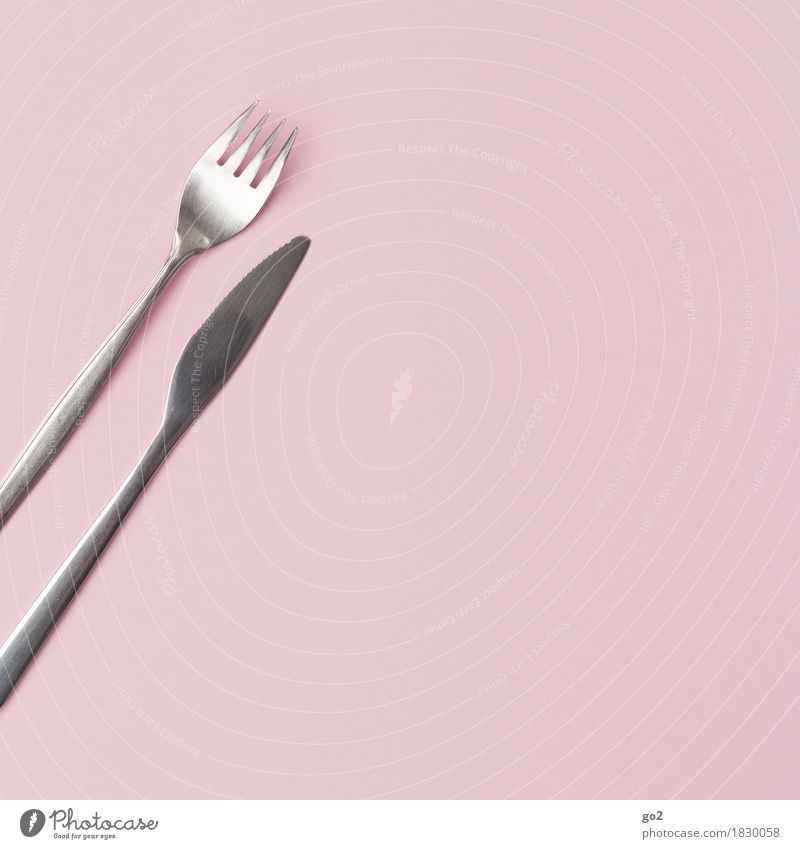 Knife and fork Nutrition Breakfast Lunch Dinner Cutlery Knives Fork Esthetic Simple Pink Silver Colour photo Interior shot Studio shot Close-up Deserted