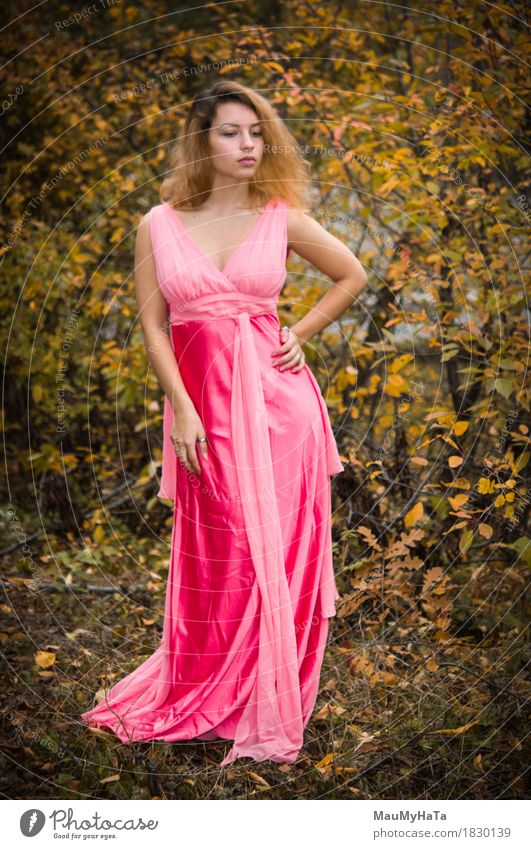 Woman in a pink dress Human being Young woman Youth (Young adults) Adults 1 18 - 30 years Nature Plant Autumn Climate Tree Garden Park Forest Moody Happy