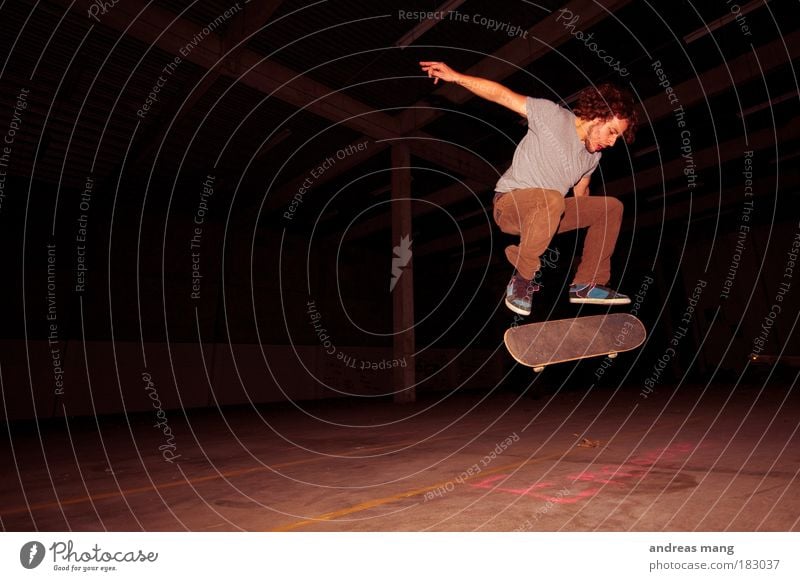 kickflip Interior shot Light Shadow Contrast Style Leisure and hobbies Sports Extreme Extreme sports Skateboard Skateboarding Young man Youth (Young adults) Man