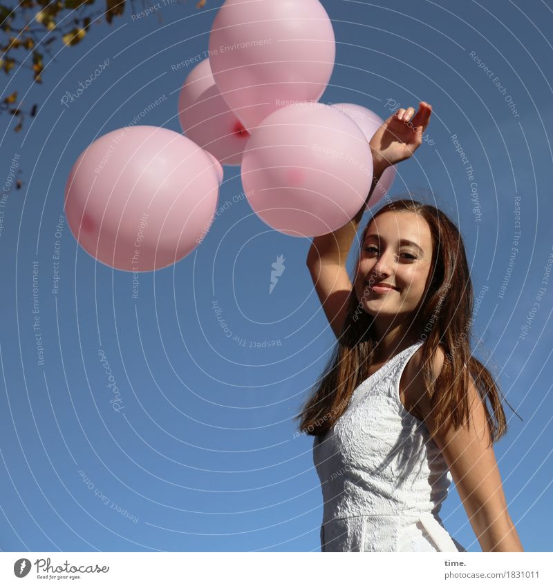 . Feminine 1 Human being Dress Brunette Balloon Observe Movement To hold on Smiling Looking Stand Beautiful Joie de vivre (Vitality) Passion Sympathy Romance