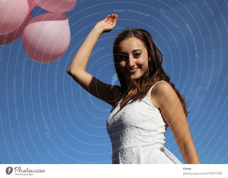 . Feminine 1 Human being Sky Beautiful weather Dress Brunette Long-haired Balloon Observe To hold on Smiling Looking Happiness Joy Happy Contentment