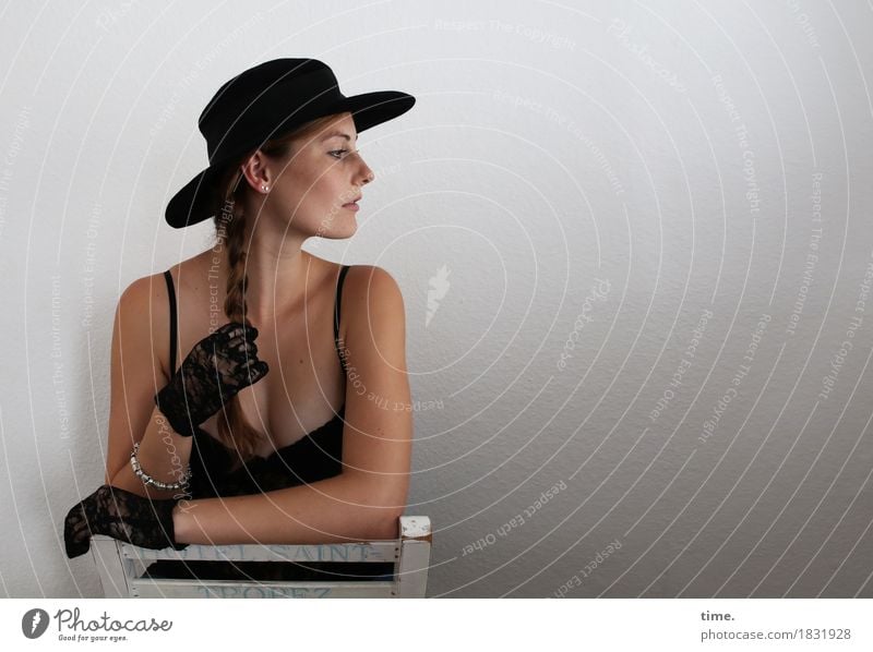 . Chair Feminine 1 Human being Shirt Jewellery Gloves Hat Brunette Long-haired Braids Observe Movement To hold on Looking Elegant Beautiful Contentment