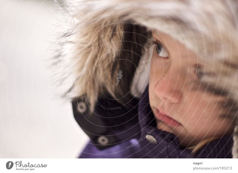 too early too cold Subdued colour Exterior shot Portrait photograph Girl 3 - 8 years Child Infancy Hooded (clothing) Infinity Curiosity Interest Timidity