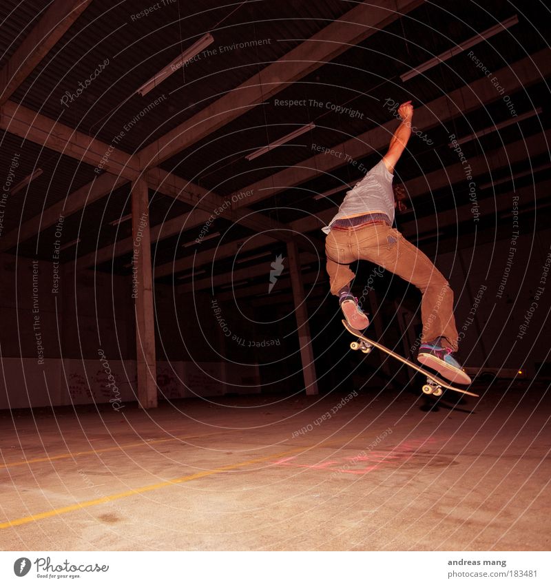 Frontside 180 Colour photo Interior shot Low-key Style Leisure and hobbies Sports Extreme sports Skateboard Skateboarding Human being Young man