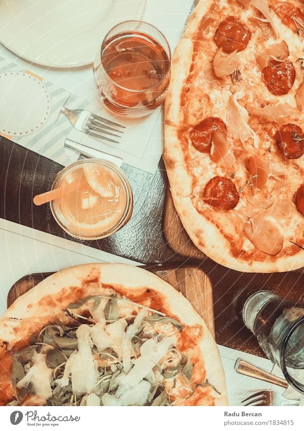 Pizza And Lemonade Juice On Table Food Orange Nutrition Eating Lunch Dinner Fast food Italian Food Beverage Drinking Cold drink Glass Straw Fork Kitchen