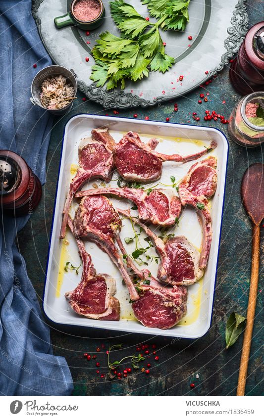Lamb loin chops with herbs and spices Food Meat Herbs and spices Cooking oil Nutrition Lunch Dinner Banquet Organic produce Crockery Style Design Healthy Eating