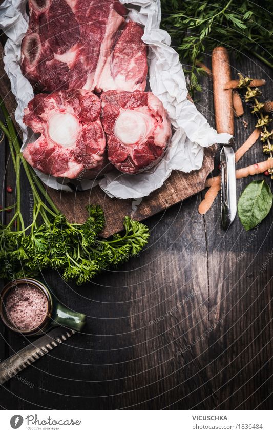 Raw meat for broth or soup Food Meat Herbs and spices Nutrition Lunch Dinner Organic produce Style Design Healthy Eating Table Kitchen Tafelspitz rear Stock