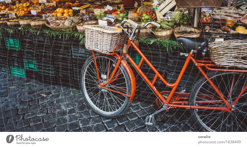 market day Marketplace Town Bicycle Basket Red Market stall Markets Maritime Vacation photo Shopping Organic produce Fruit Vegetable market Fruit seller