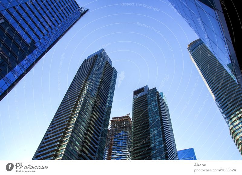 Symbols of Power IV Sky Cloudless sky Beautiful weather Town Downtown Skyline Deserted High-rise Facade Concrete Glass Living or residing Hip & trendy Tall Blue