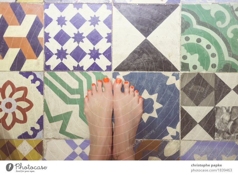 tiled floor Living or residing Flat (apartment) Bathroom Feminine Feet Stone Ornament Historic Toes Nail polish Tile Characteristic Multicoloured Portuguese
