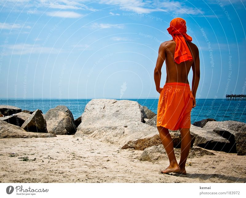 lifeguards Colour photo Multicoloured Exterior shot Day Shadow Sunlight Long shot Rear view Forward Vacation & Travel City trip Summer Summer vacation Beach