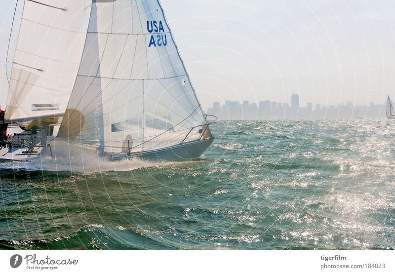 a sailboat racing on the bay Colour photo Exterior shot Copy Space right Copy Space bottom Day Light Light (Natural Phenomenon) Sunlight Central perspective
