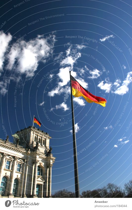 Reichstag in Berlin with flag Colour photo Multicoloured Exterior shot Day Sunlight Worm's-eye view Environment Sky Beautiful weather Wind Capital city