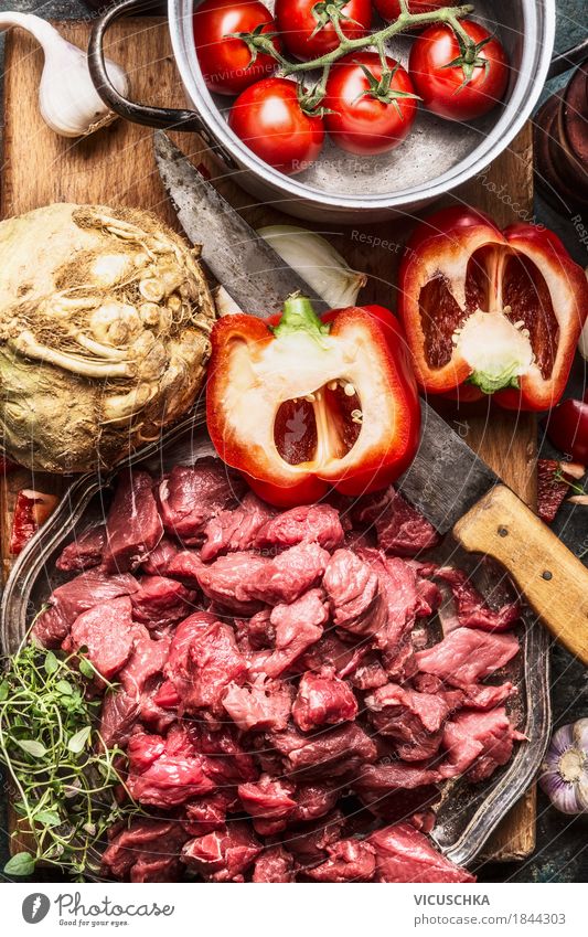 Beef, vegetable ingredients, kitchen knife and saucepan Food Meat Vegetable Lunch Dinner Buffet Brunch Organic produce Crockery Bowl Pot Knives Style Design
