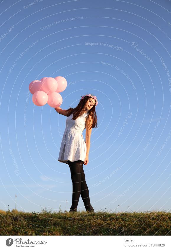 . Feminine 1 Human being Beautiful weather Park Meadow Dress Tights Jewellery Brunette Long-haired Balloon Observe Rotate Relaxation Looking Stand Dance Warmth