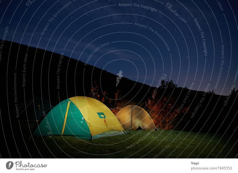 Illuminated yellow camping tent under stars Leisure and hobbies Vacation & Travel Tourism Trip Adventure Camping Summer Mountain Hiking Climbing Mountaineering