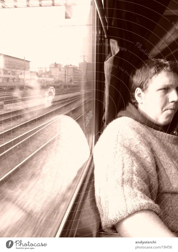 Rear in train Railroad Reflection Window Man sbb Window pane wagon Human being