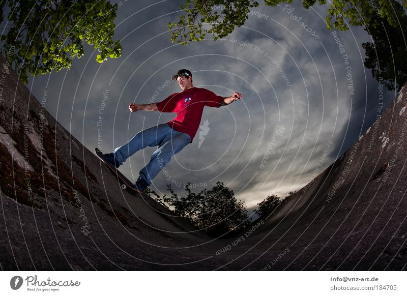 skyramp Colour photo Twilight Fisheye Sports Sportsperson Skateboard Halfpipe Masculine 18 - 30 years Youth (Young adults) Adults Movement Skateboarding Action