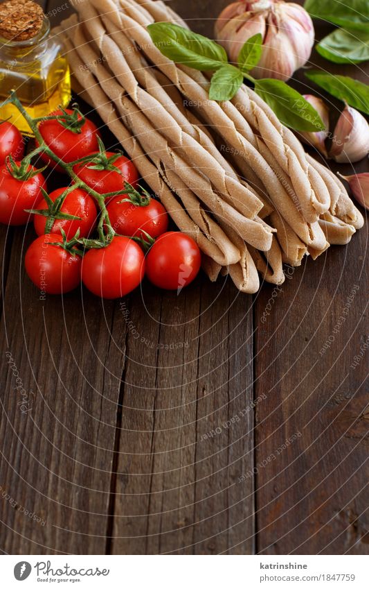 Whole wheat pasta, vegetables, basil and olive oil Vegetable Dough Baked goods Herbs and spices Cooking oil Vegetarian diet Diet Italian Food Bottle Spoon Table