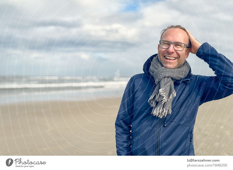 Happy laughing middle-aged man with glasses Lifestyle Face Relaxation Vacation & Travel Tourism Beach Ocean Man Adults 1 Human being 30 - 45 years Autumn Wind