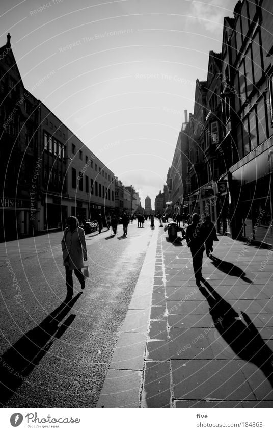 Walk The Line Human being Town Downtown Populated House (Residential Structure) Pedestrian Street Going England Oxford Black & white photo Exterior shot Morning