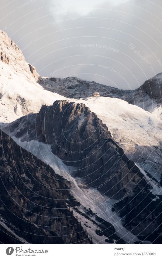 Guttenberghaus in the morning light Climbing Mountaineering Hiking Nature Autumn Winter Beautiful weather Ice Frost Snow Rock Alps Ennstaler Alps