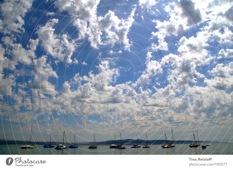 clouds Nature Landscape Air Water Sky Clouds Summer Beautiful weather Lake Boating trip Fishing boat Yacht Sailboat Harbour Dream Large Blue Colour photo