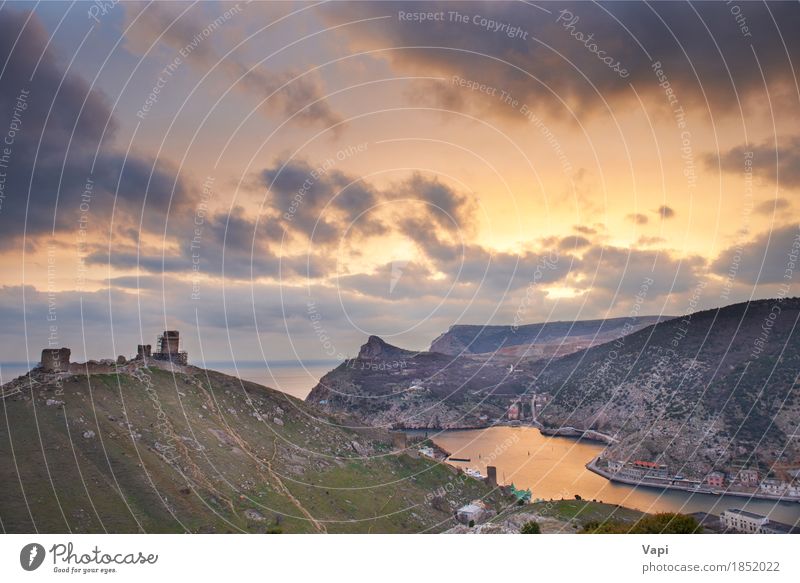 Ancient greek castle on the coast Vacation & Travel Tourism Summer Sun Ocean Environment Nature Landscape Water Sky Clouds Sunrise Sunset Sunlight Rock Mountain