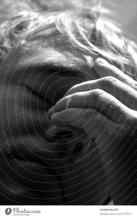 headaches Headache Hand Fingers Light Man Pain Black & white photo Face Shadow razed