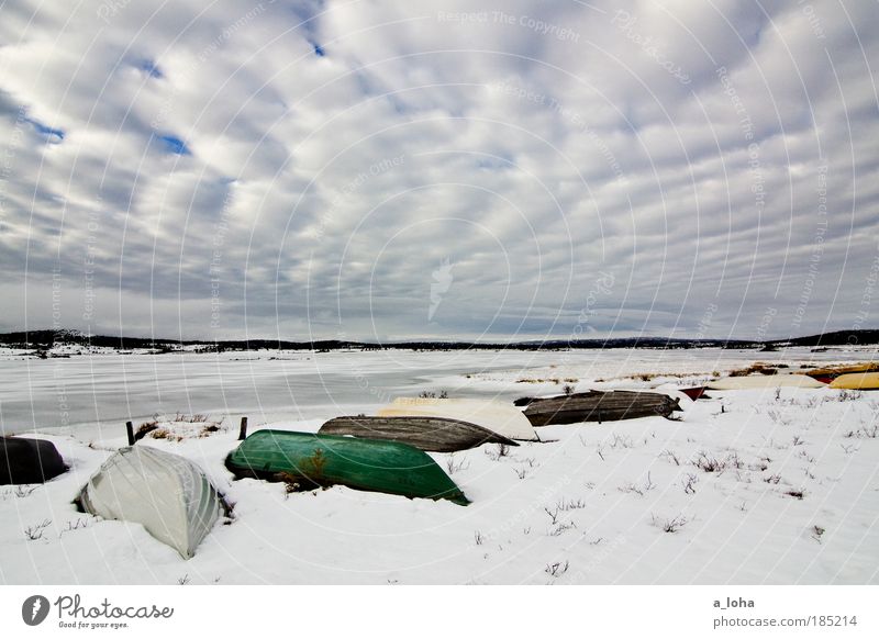 deep sleep Landscape Water Sky Clouds Weather Ice Frost Snow Grass Lakeside Navigation Fishing boat Line Old Authentic Simple Fluid Infinity Cold Wet Natural