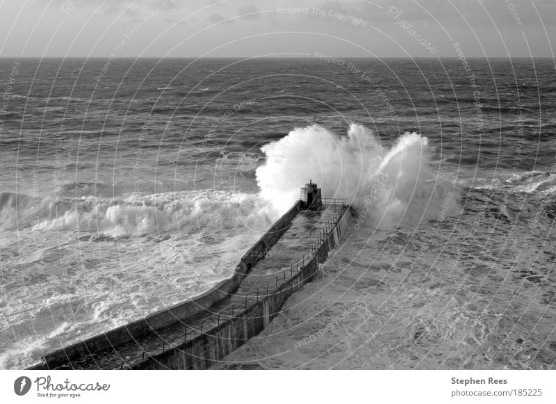 Big Atlantic wave breaks on Portreath pier. Ocean Waves Winter Nature Landscape Sky Horizon Weather Coast Black White Atlantic Ocean storm water Splash