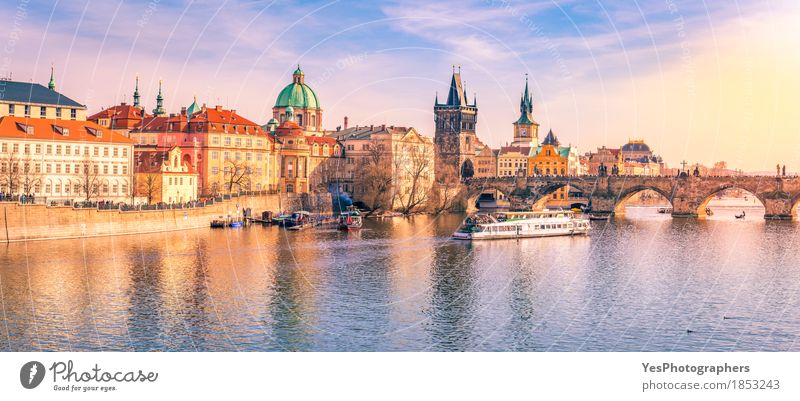 Prague panorama with its river and buildings Vacation & Travel Tourism Trip City trip Architecture Culture River Town Old town Skyline Bridge Building