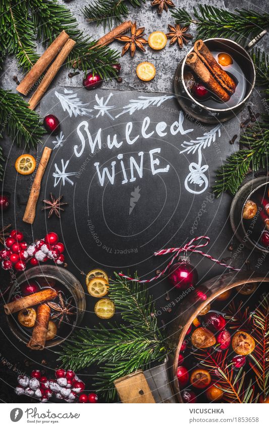 Traditional mulled wine with saucepan, cups and fir branches Fruit Banquet Beverage Hot drink Wine Mulled wine Style Design Joy Living or residing Table Kitchen